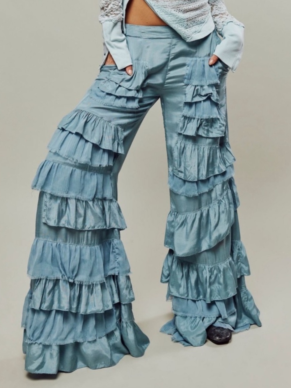 Free People Rock and Frill Pant Blue Size Small Tiered Ruffle Frayed Boho Chic